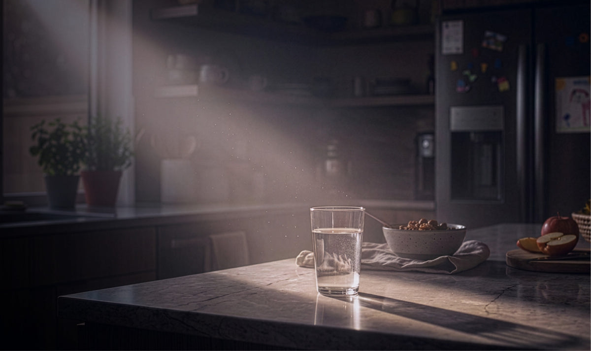 A clear glass of water sits on a kitchen counter in warm, dramatic sunlight, with a bowl and sliced fruit nearby and a dark kitchen background with a refrigerator.
