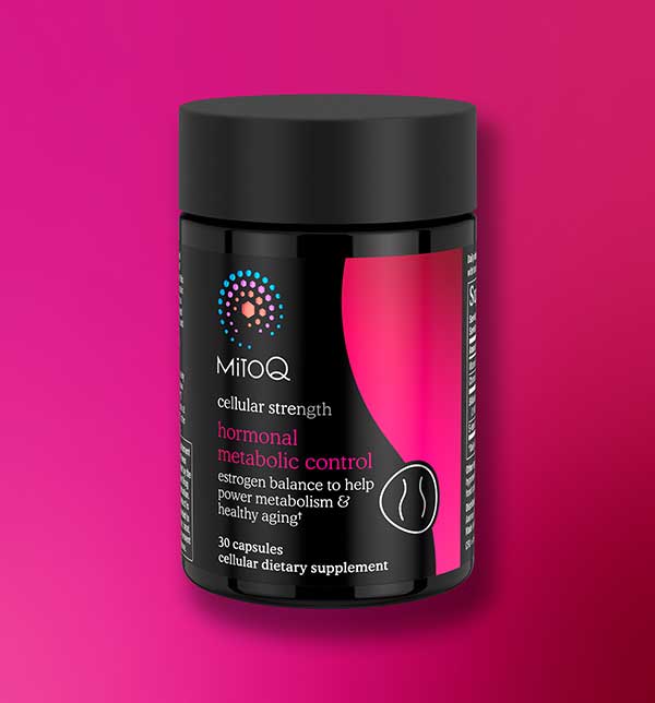 MitoQ hormonal metabolic control supplement container on a pink background