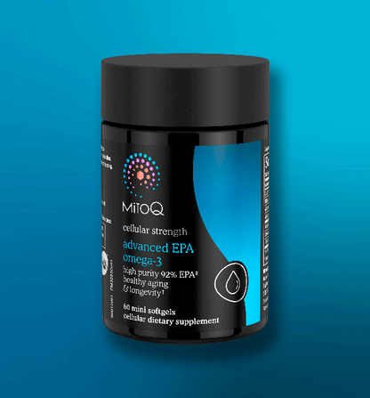MitoQ advanced epa omega-3 supplement container on a blue background