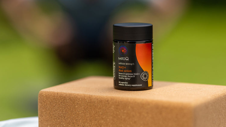 MitoQ NAD+ dual action supplement bottle on a cork block with a blurred green background
