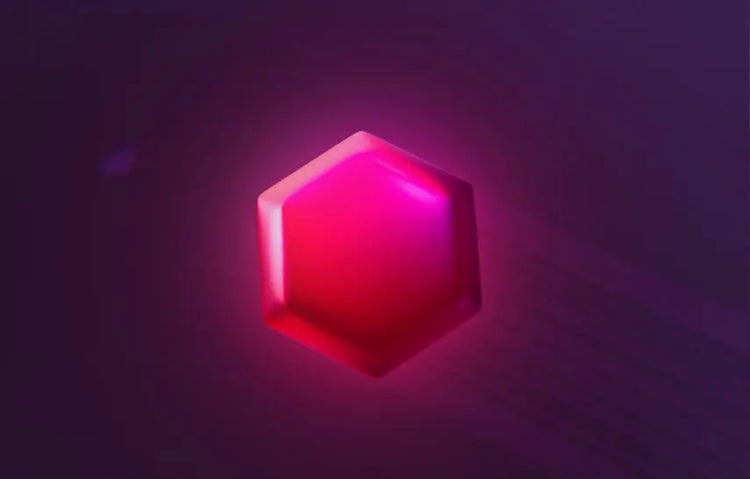 Hexagonal neon light on a dark purple background representing MitoQ Mitoquinol molecule